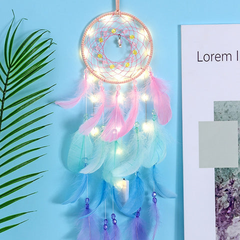 Wall Dreamcatcher  Led Handmade Feather Dream Catcher Braided Wind Chimes Art For room decoration Hanging home decor Decoration